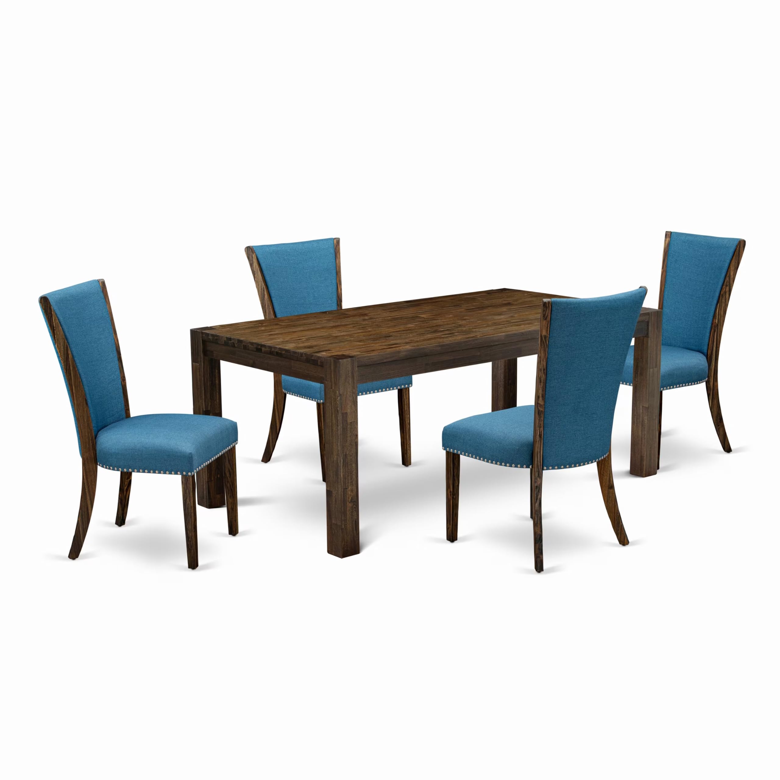 East West Furniture Lmve5-77-21 5 Piece Kitchen Table Set Includes A Rectangle Rustic Wood Dining Room Table And 4 Blue Color Linen Fabric Upholstered Chairs, 40X72 Inch, Jacobean